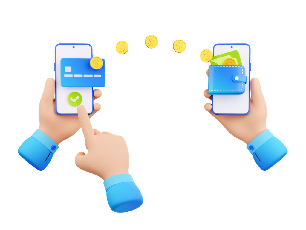 a hand transferring money from a phone to a wallet