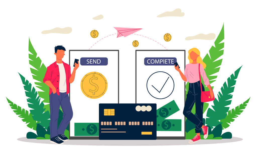 Payment transfer vector illustration. Mobile phone users sending money to each other. Financial transaction system for electronic wallet, online banking concept